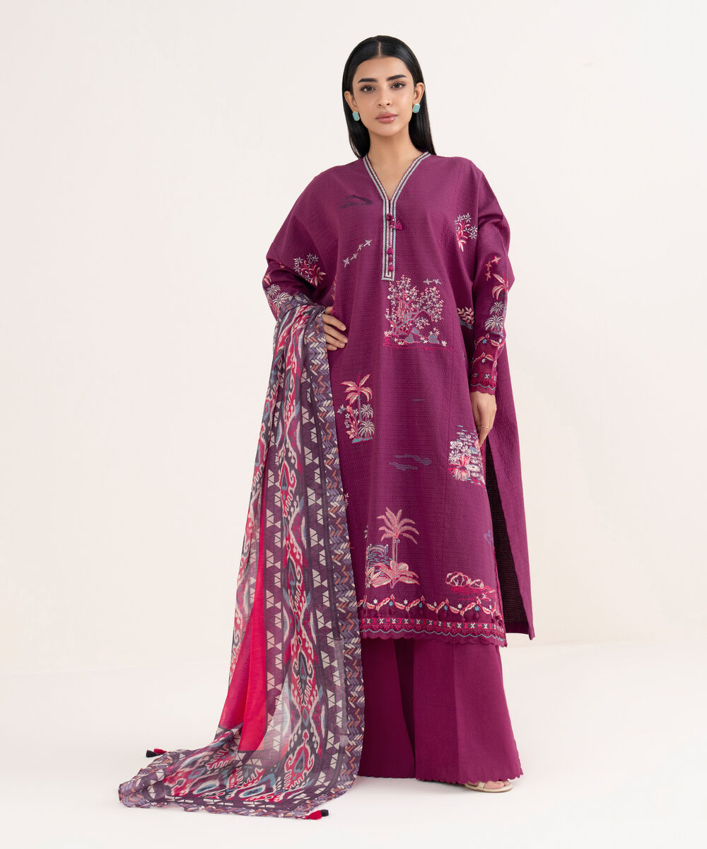 Women's Unstitched Dobby Embroidered Purple 3 Piece Suit