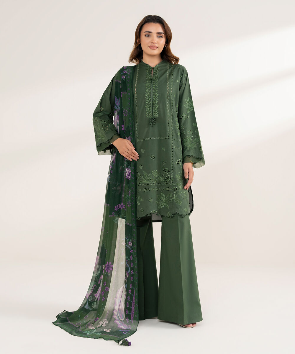 Women's Unstitched Cotton Embroidered Green 3 Piece Suit