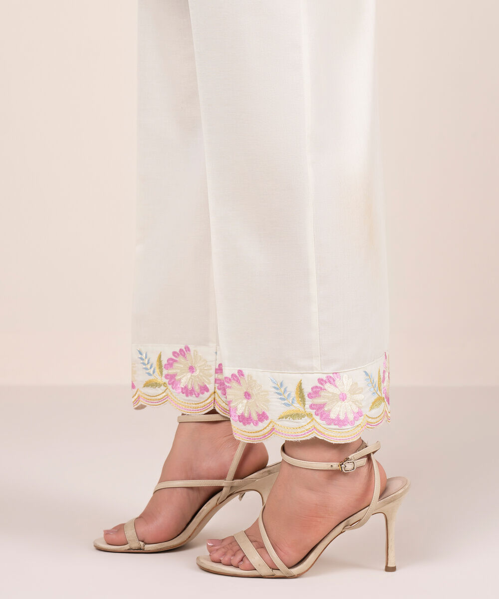 Women's RTW Cambric Embroidered White Straight Pants