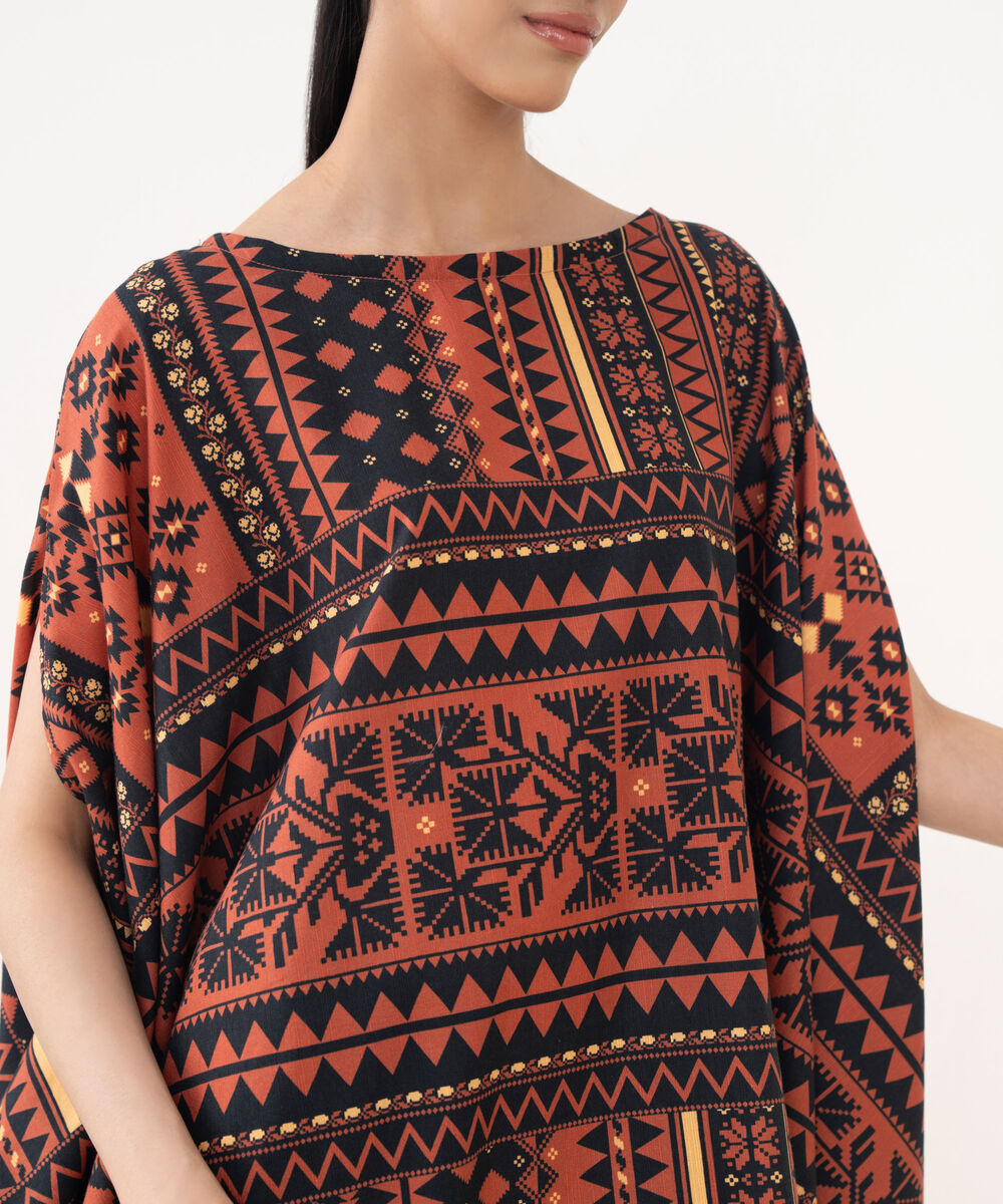 Women's RTW Cotton Viscose Rust Printed Kaftaan