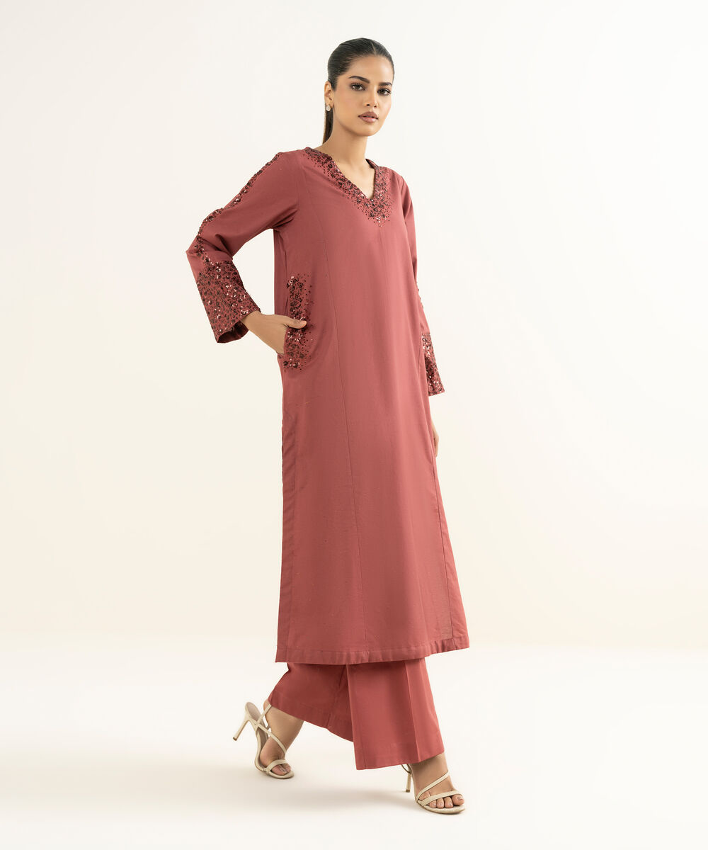 Women's RTW Multineps Embroidered Brown A-Line Shirt