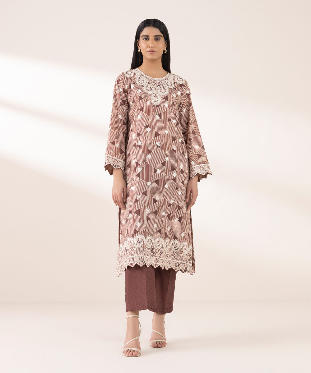 Women's RTW Lawn Brown Embroidered Boxy Shirt