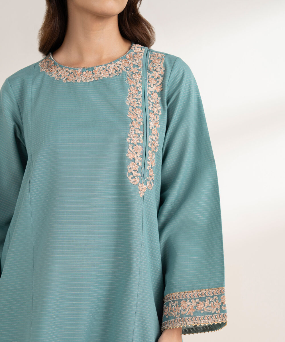 Women's RTW Zari Cotton Embroidered Straight Blue Shirt
