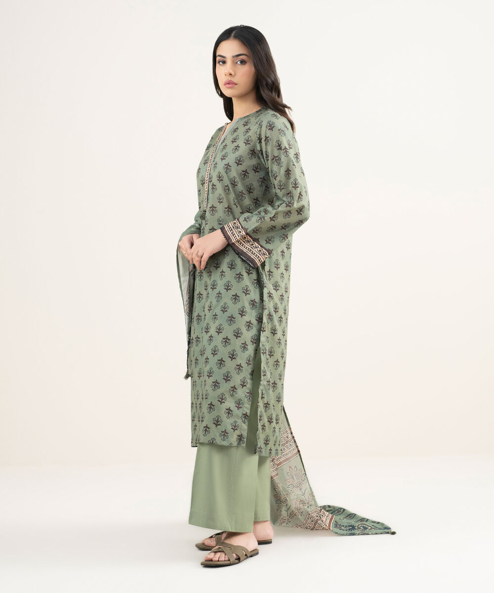 Women's RTW Lawn Printed Green 3 Piece Suit