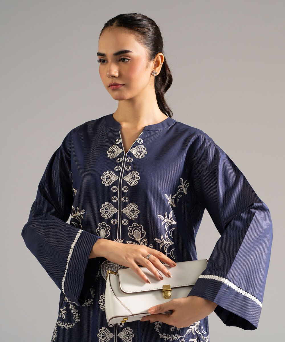 Women's RTW Zari Lawn Embroidered Blue Straight Shirt