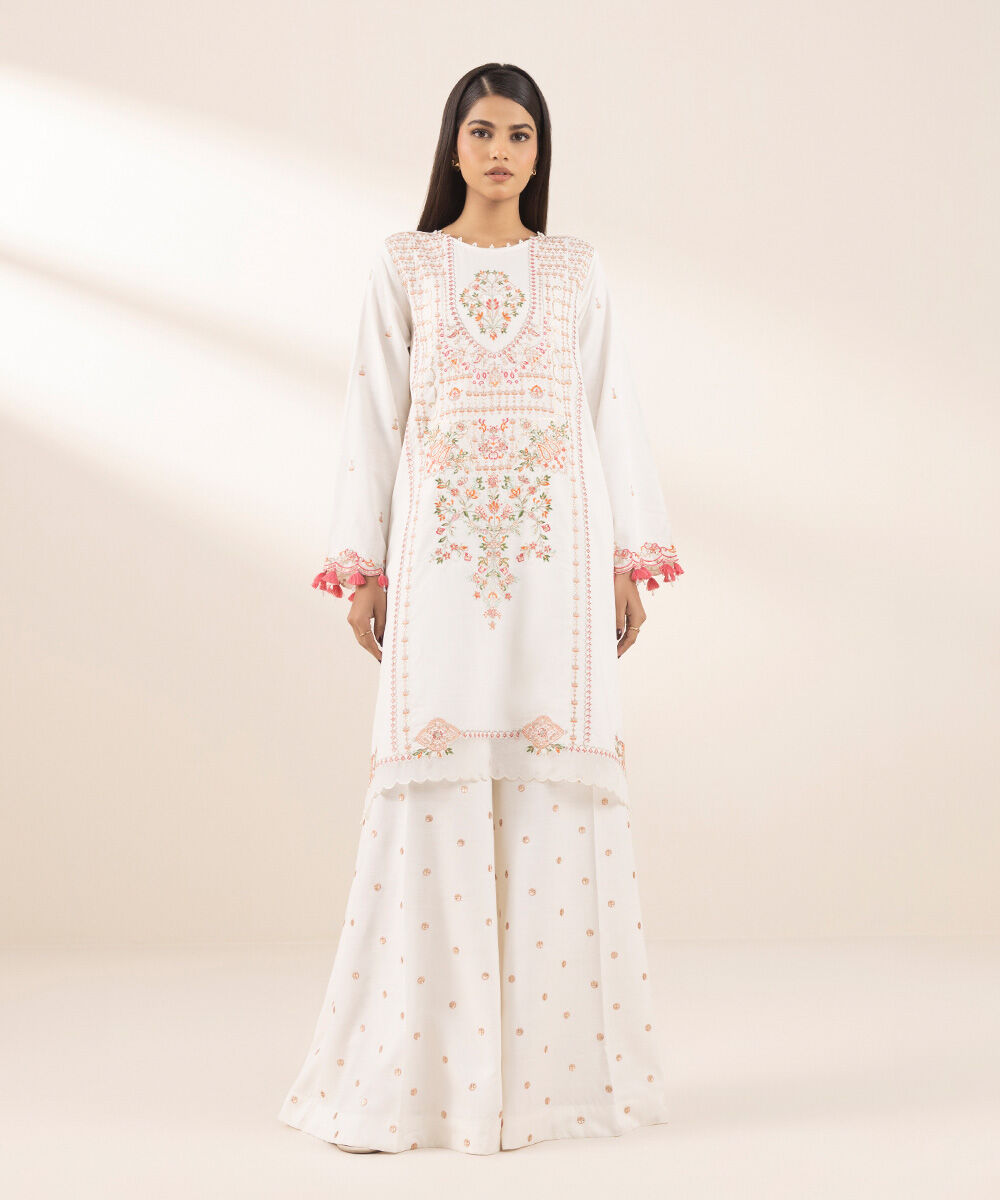 Women's Pret Cotton Viscose White Embroidered A-Line Shirt