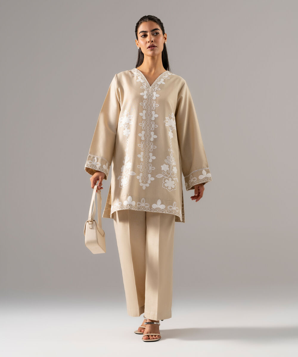 Women's RTW Cotton Linen Embroidered Sand 2 Piece Suit