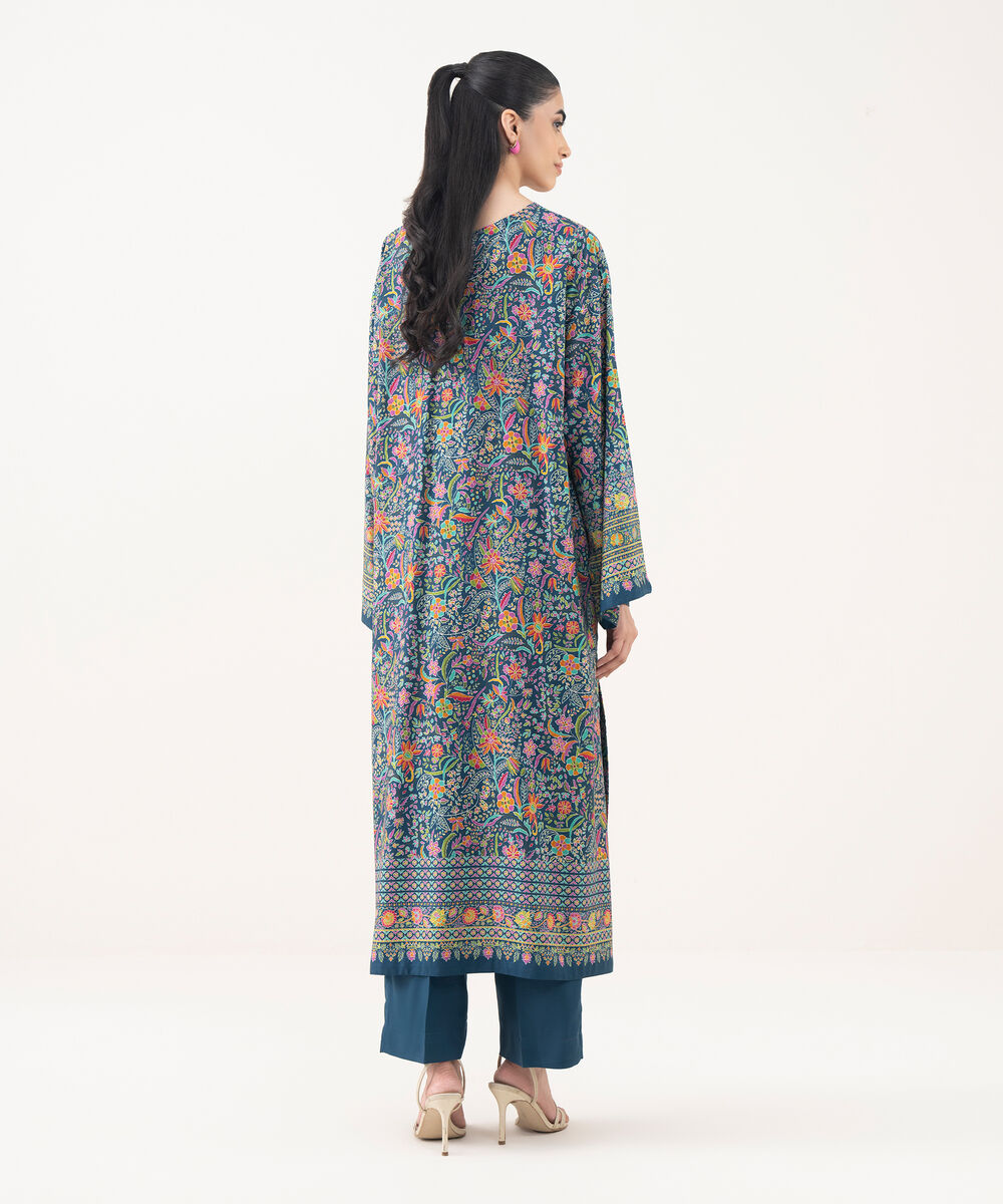 Women's RTW Viscose Linen Teal Printed Drop Shoulder Shirt