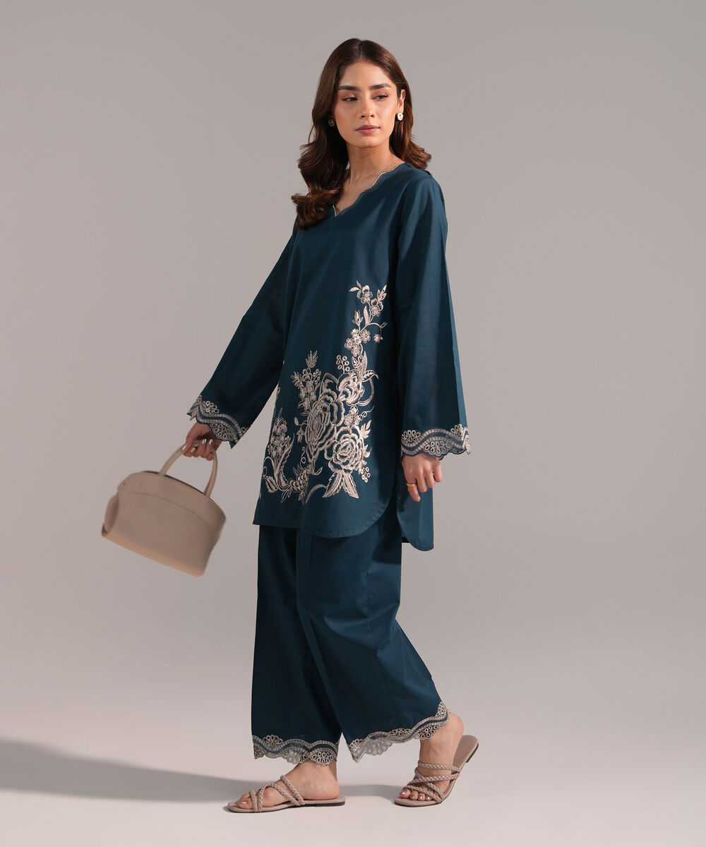 Women's RTW Crosshatch Embroidered Teal Straight Shirt