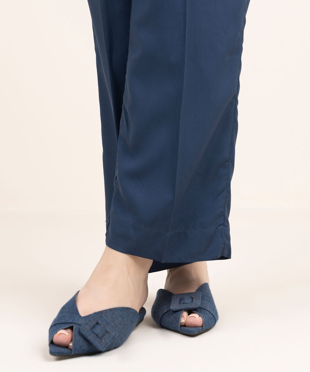 Women's RTW Viscose Linen Solid Blue Straight Pants
