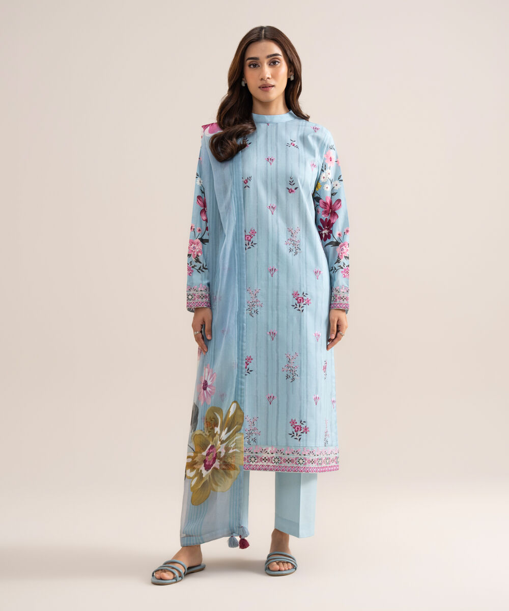 Women's Unstitched Lawn Embroidered Blue  3 Piece Suit