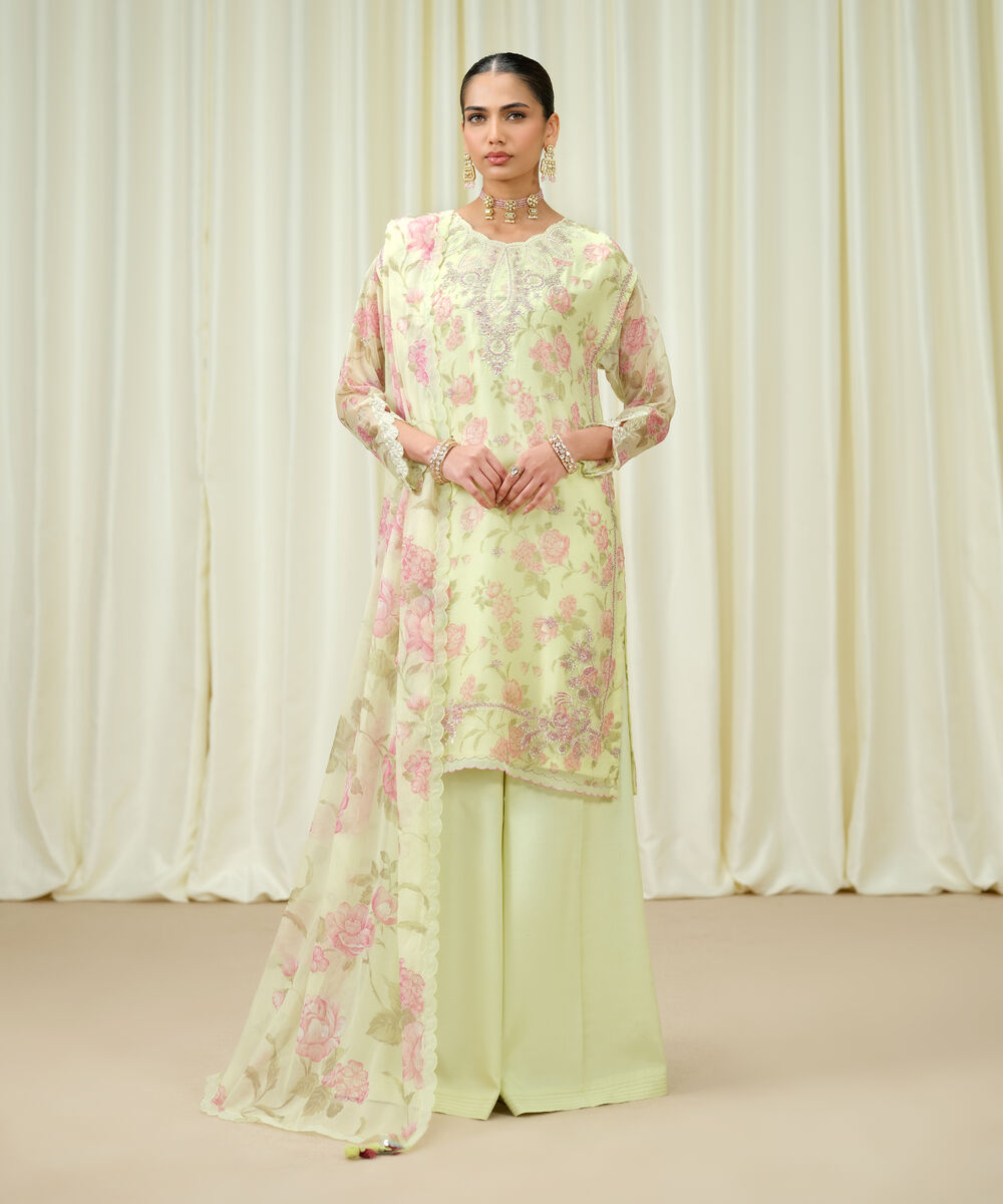 Women's Unstitched Blended Chiffon Embroidered Yellow 3 Piece Suit