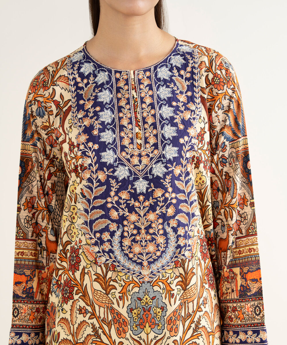 Women's RTW Linen Viscose Embroidered Beige A-Line Shirt