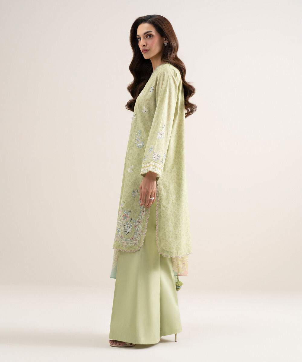 Women's Unstitched Lawn Embroidered Lime Green 3 Piece Suit
