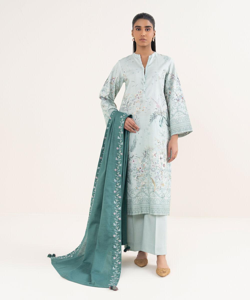 Women's Unstitched Cross Hatch Embroidered Blue 3 Piece Suit