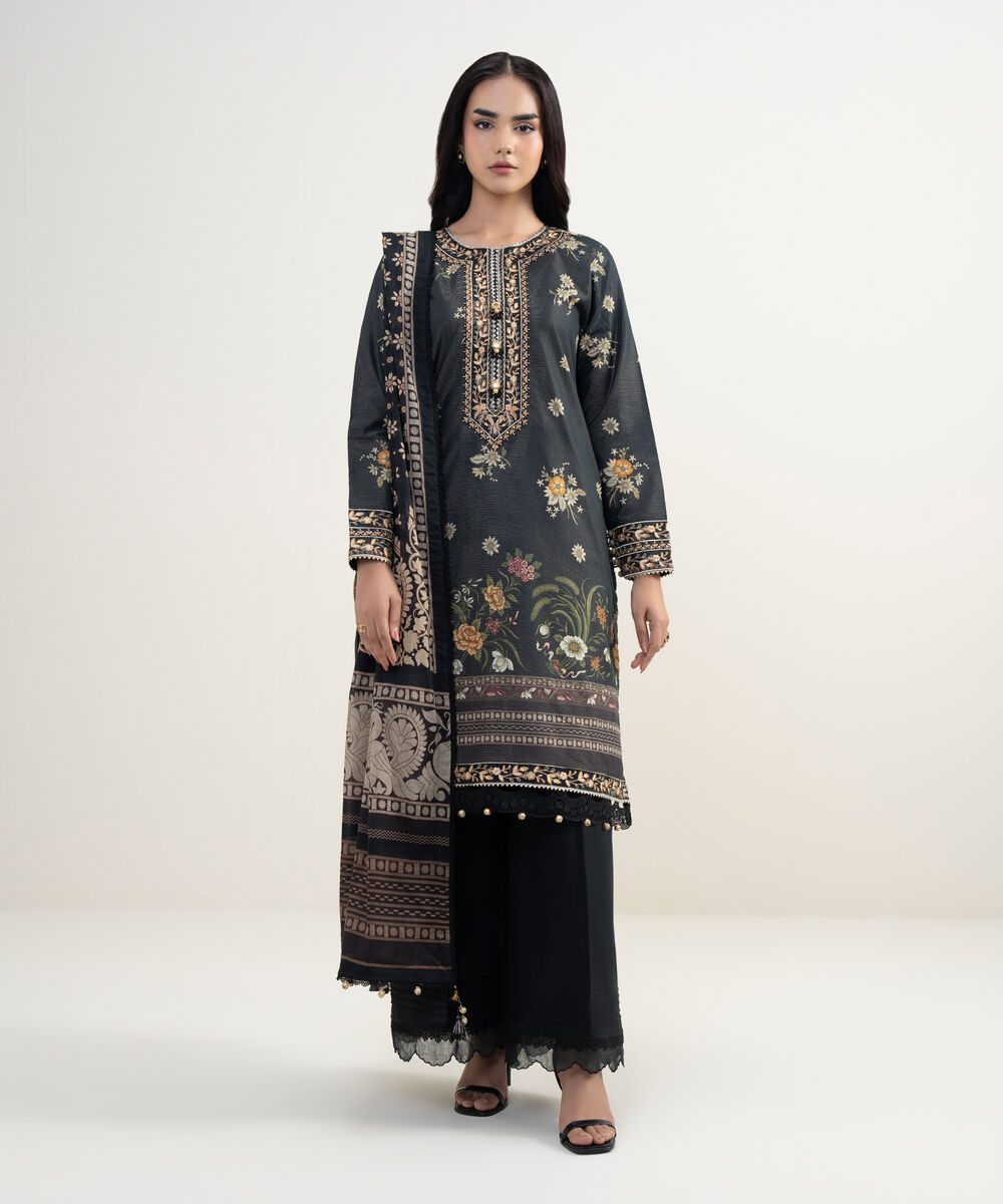 Women's RTW Zari Lawn Embroidered Black 3 Piece Suit