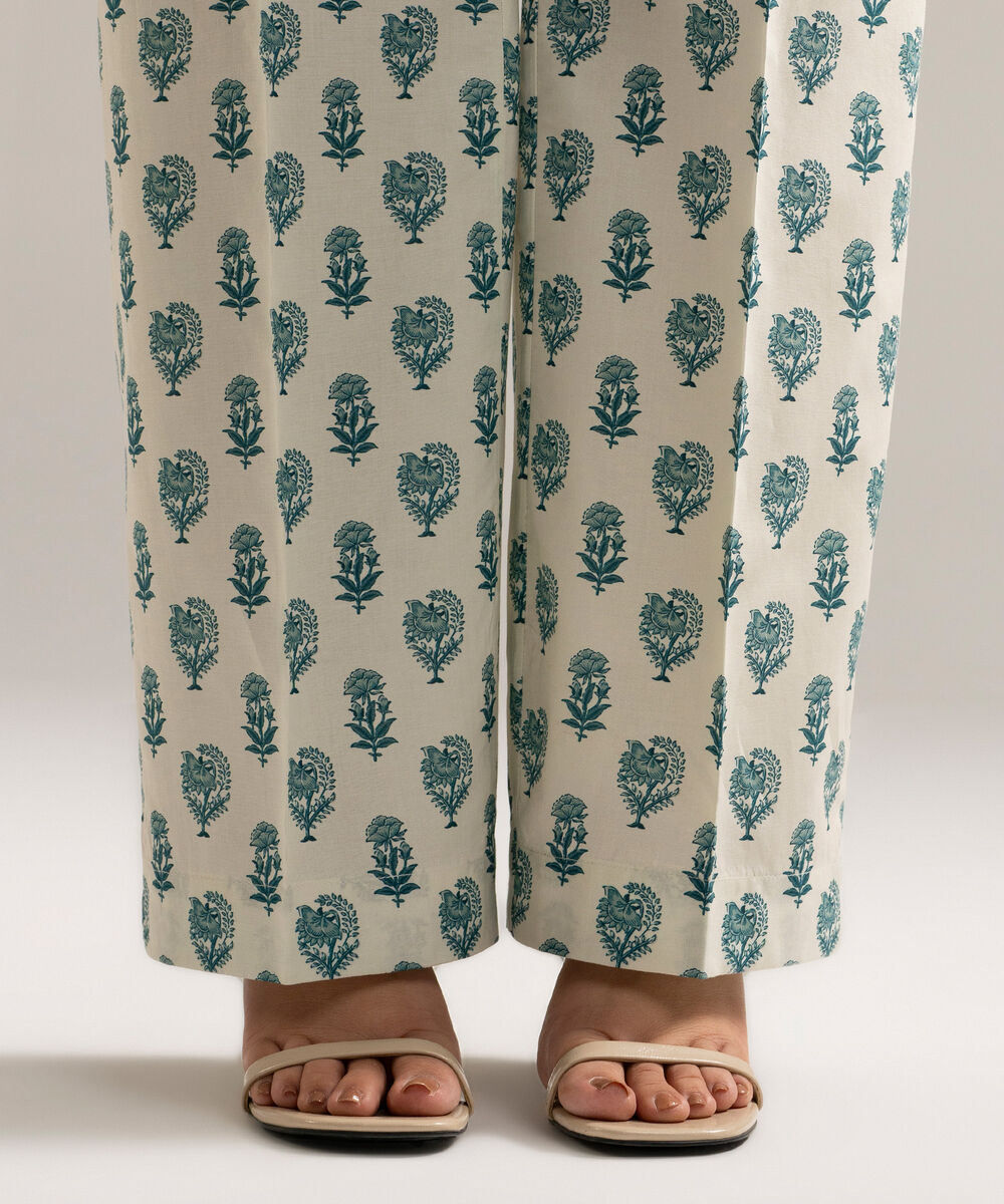 Women's RTW Cambric Printed White Straight Pants