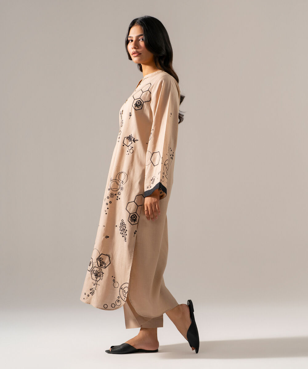 Women's RTW Cross Hatch Solid Embroidered Beige Straight Shirt