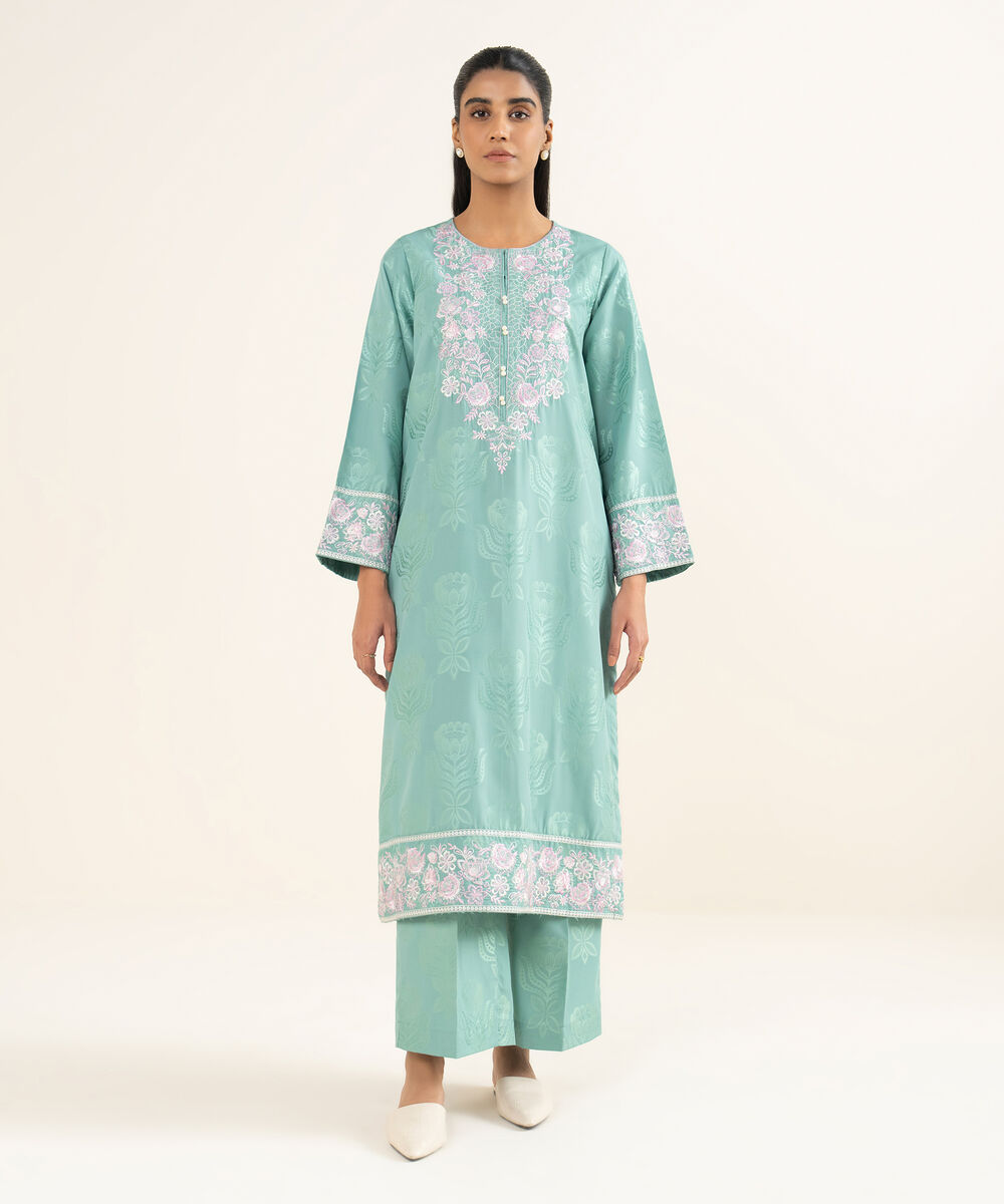 Women's RTW Jacquard Embroidered Blue A-Line Shirt