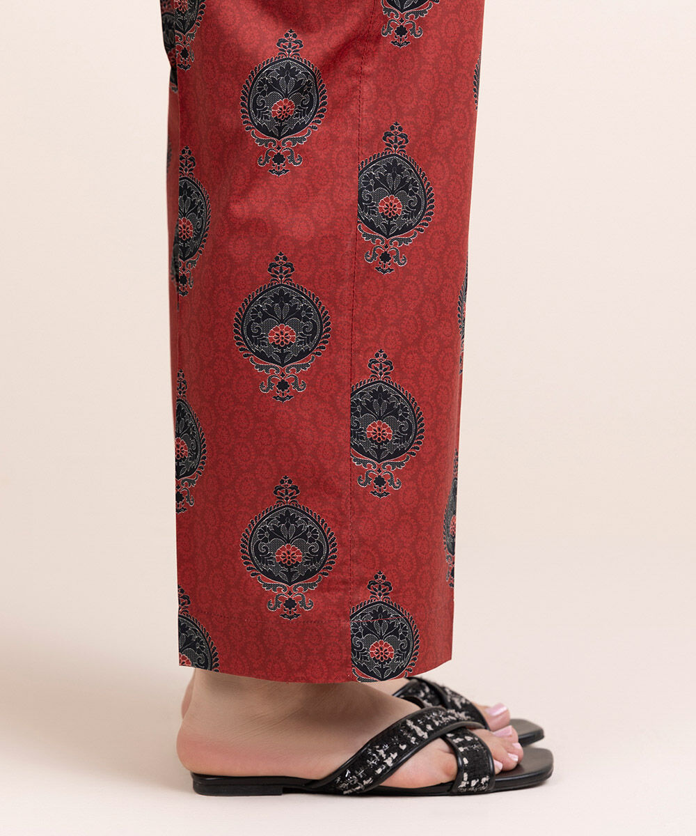 Woman - Red Printed Cambric Straight Pants
