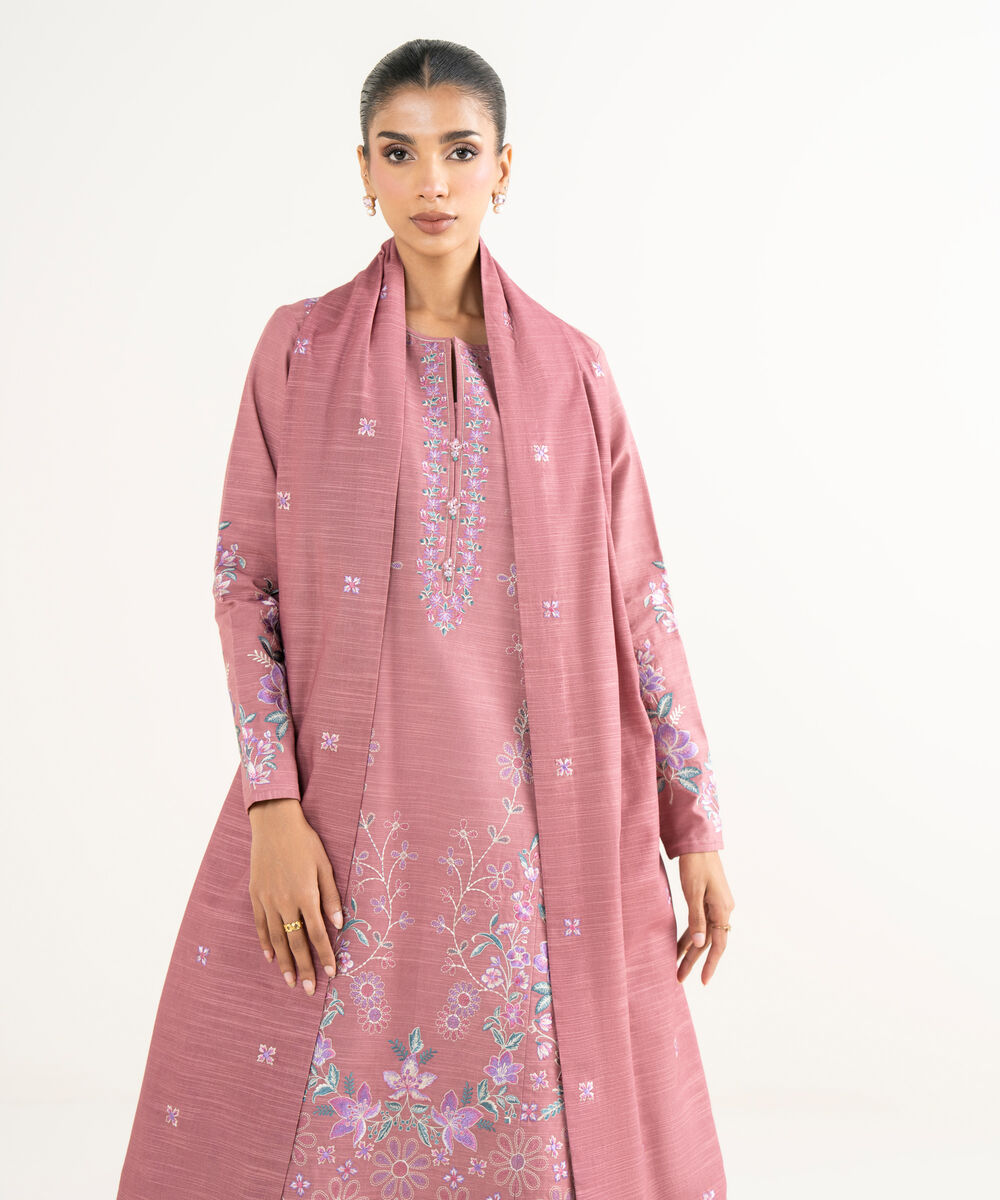 Women's Unstitched Khaddar Embroidered Pink 3 Piece Suit