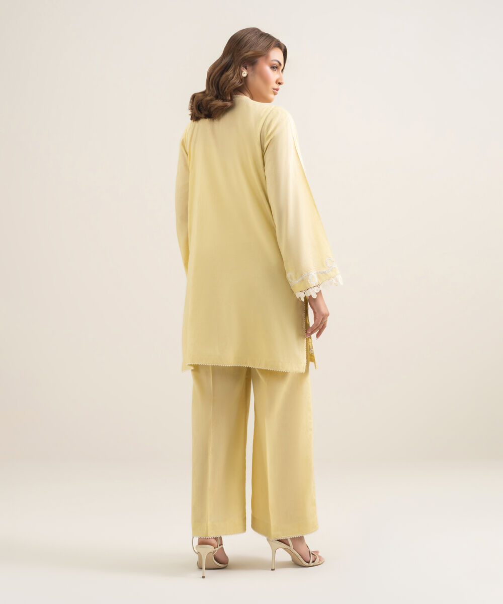 Women's RTW Self Jacquard Embroidered Yellow Straight Shirt