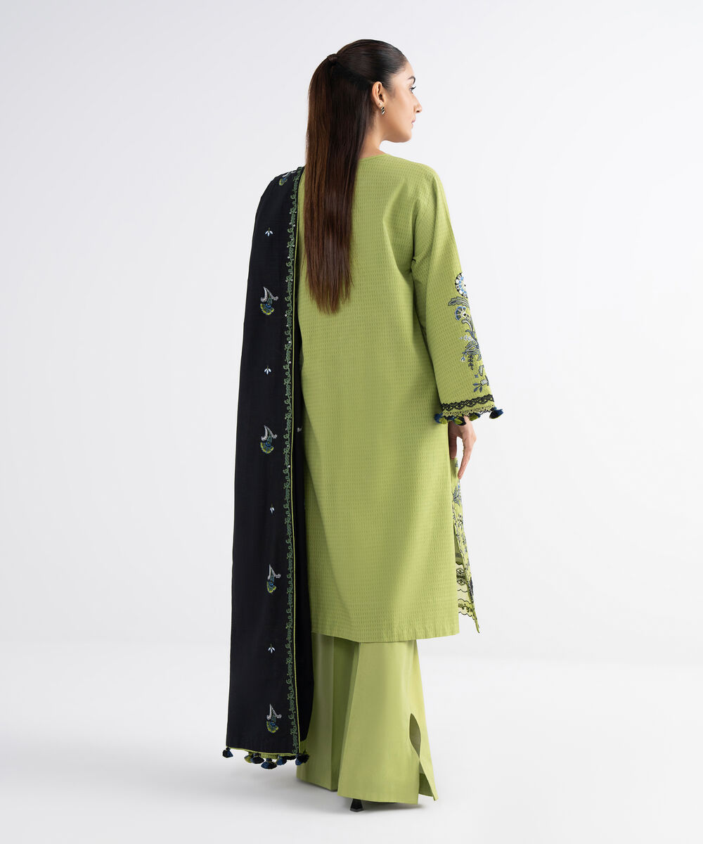 Women's Unstitched Dobby Embroidered Green 3 Piece Suit