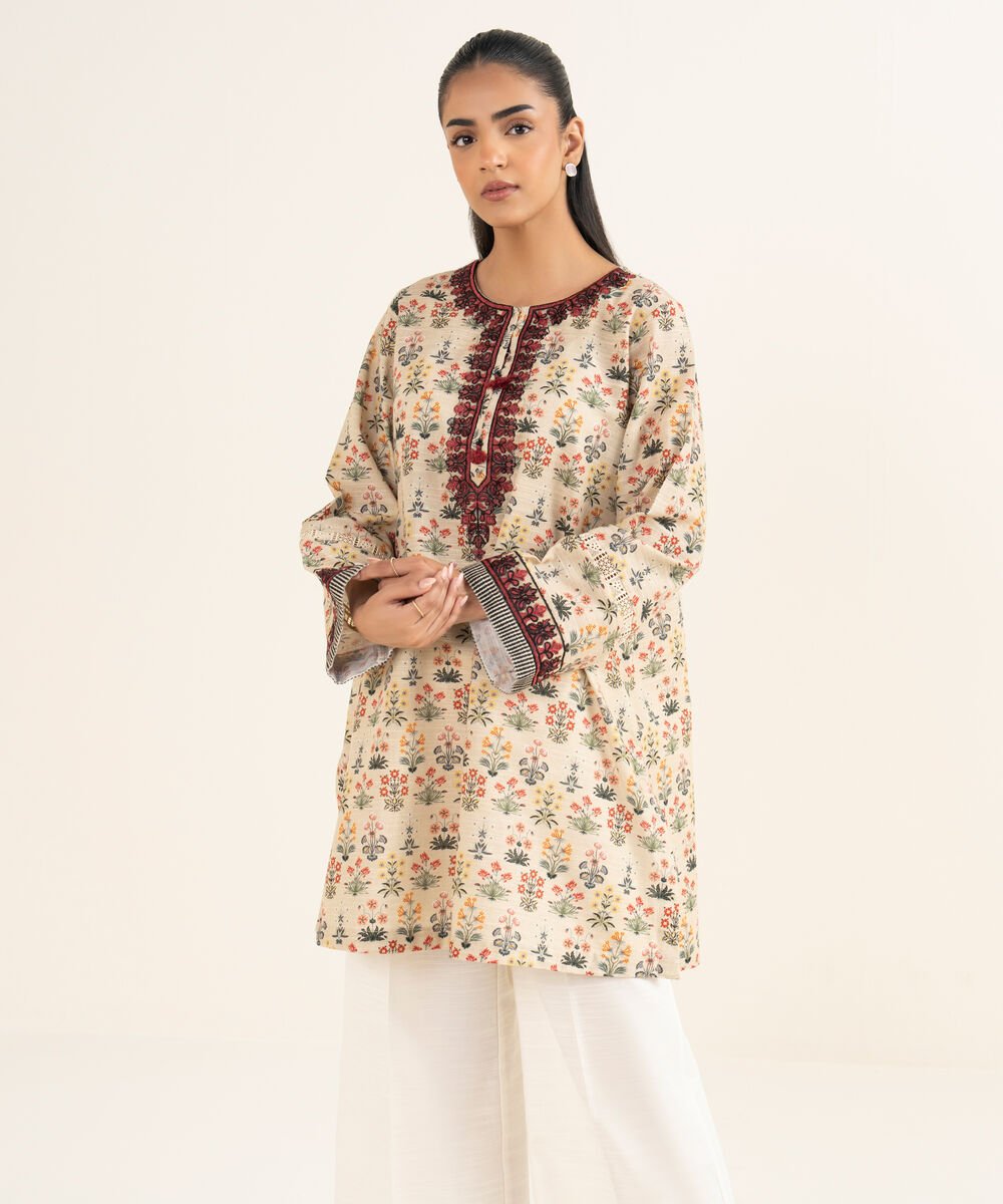 Women's RTW Khaddar Embroidered Beige A-Line Shirt