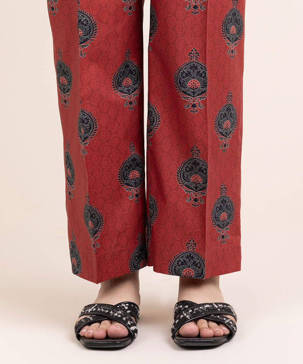 Woman - Red Printed Cambric Straight Pants