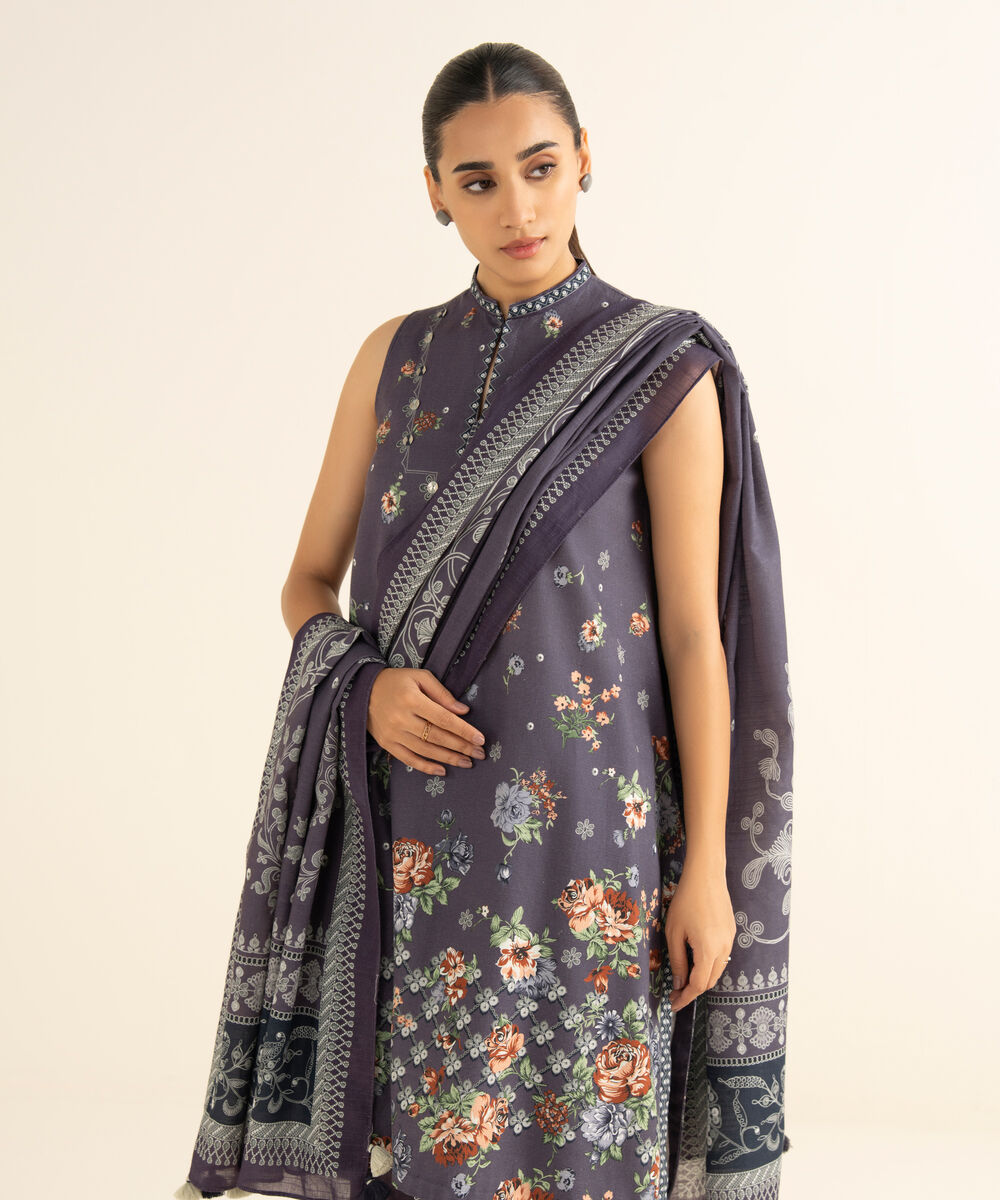 Women's Unstitched Cotton Printed Purple 3 Piece Suit