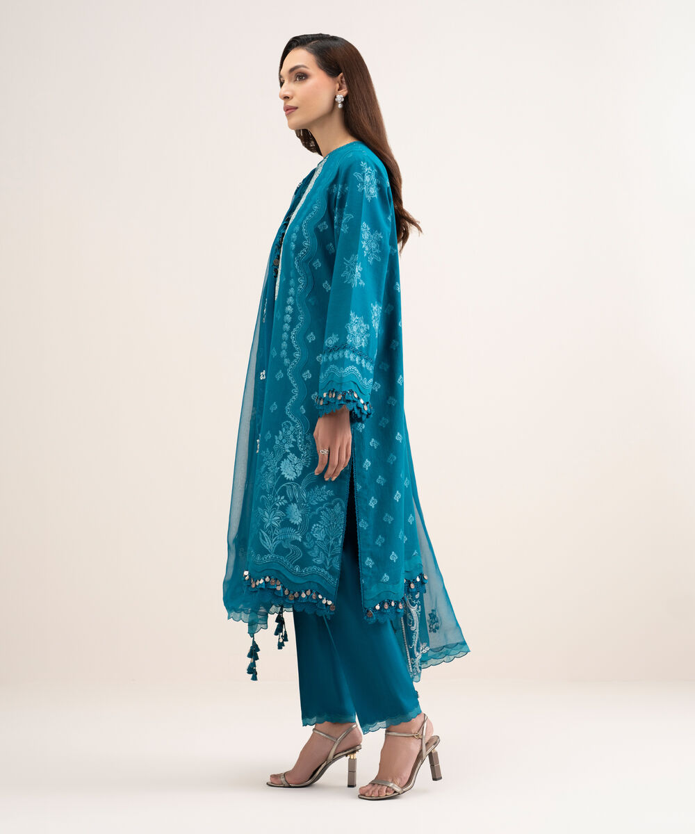 Women's Unstitched Extra Weft Jacquard Embroidered Blue 3 Piece Suit