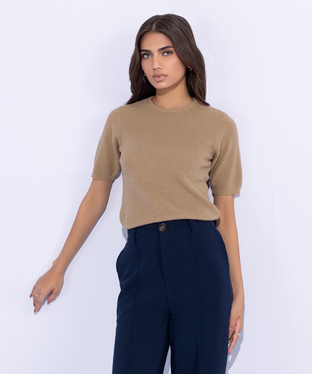 Woman - Beige Short Sleeve Sweater
