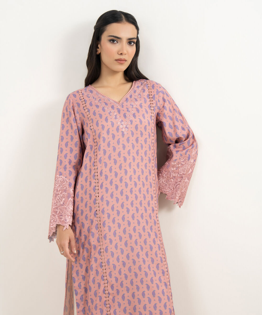Women's RTW Viscose Raw Silk Embroidered Pink Straight Shirt