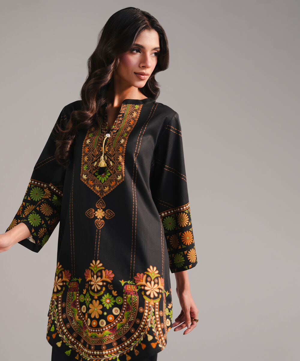 Women's RTW Cotton Viscose Printed Black Straight Shirt