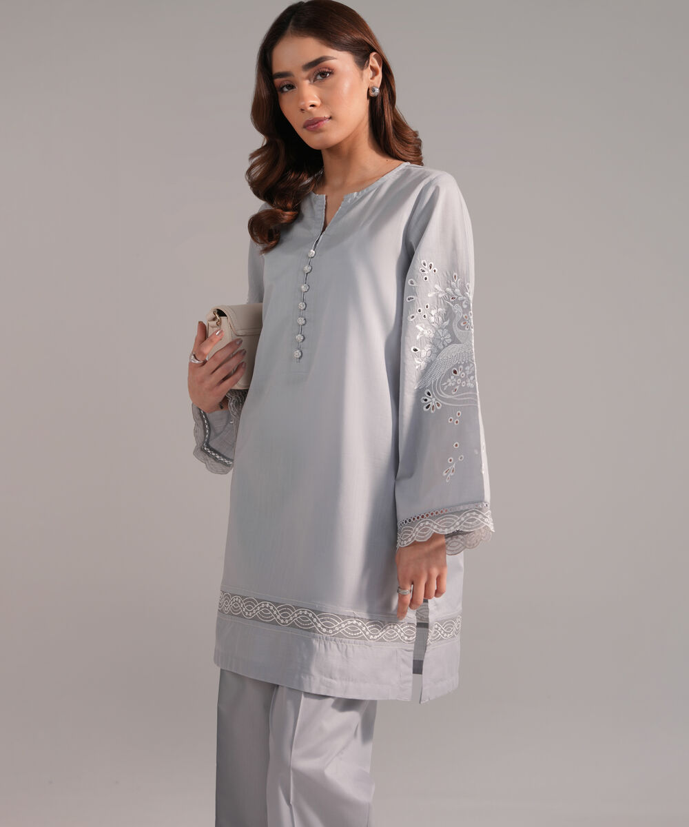 Women's RTW Crosshatch Embroidered Grey Straight Shirt