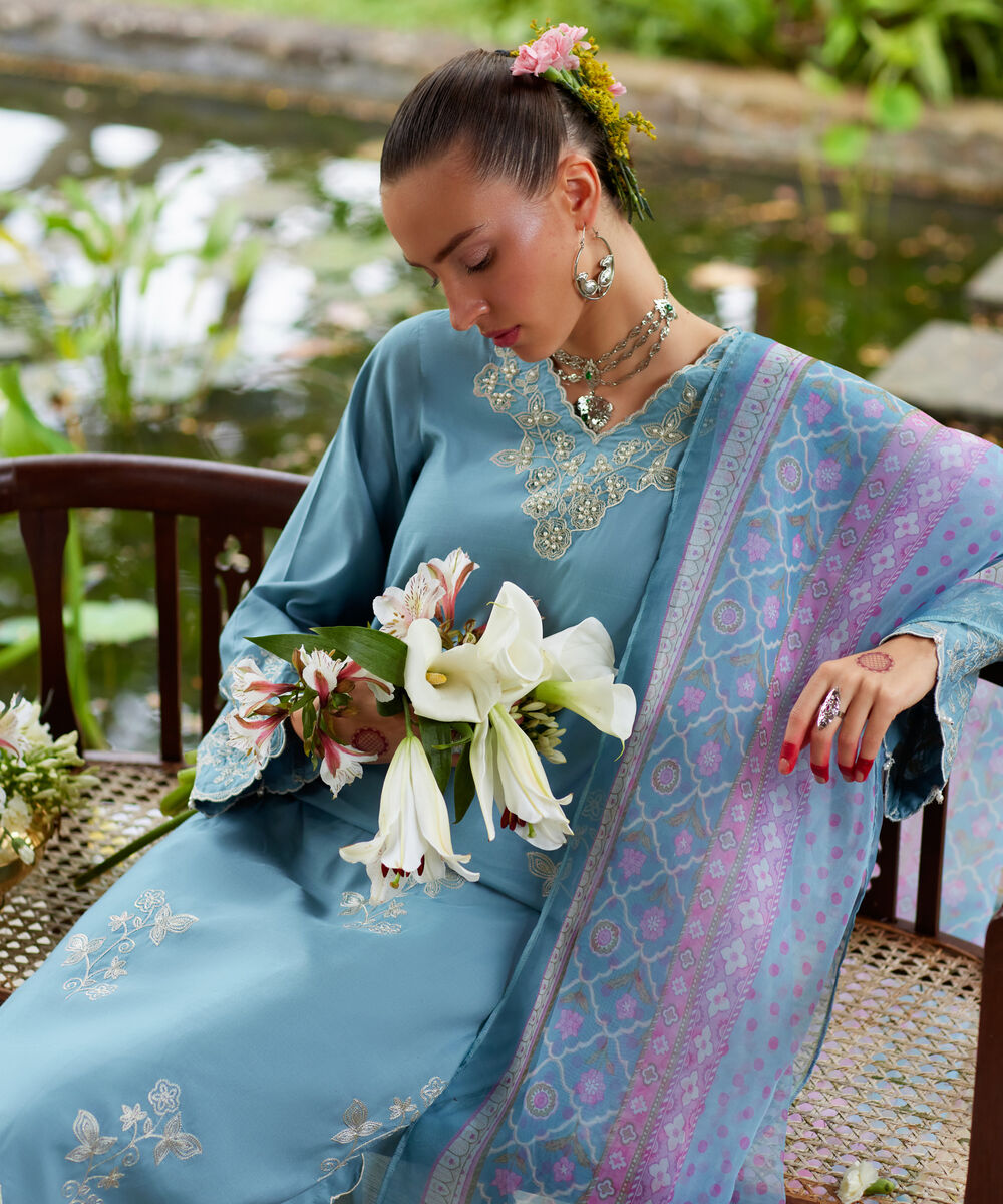 Women's RTW Viscose Raw Silk Embroidered Blue 3 Piece Suit