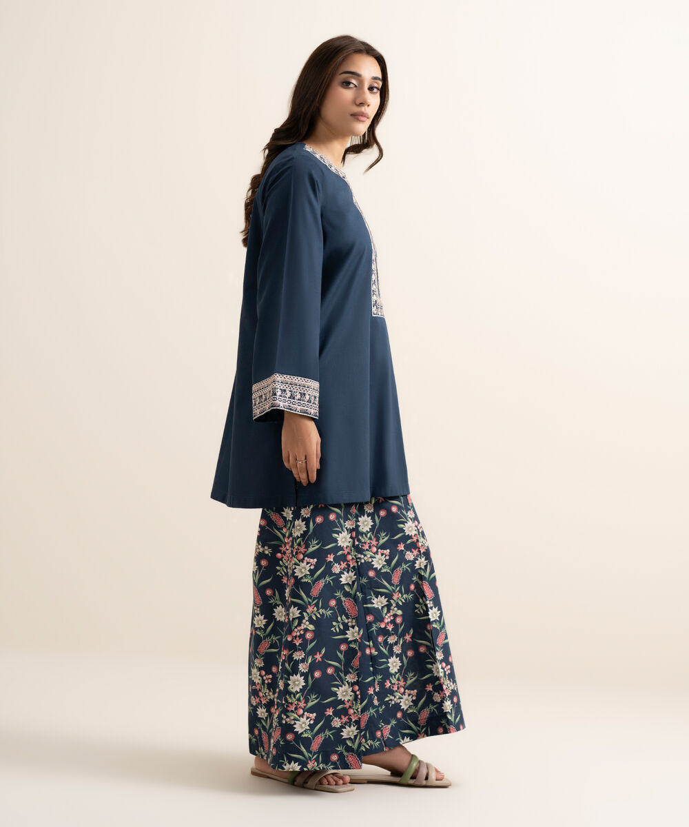 Women's RTW Cambric Embroidered Blue Straight Shirt