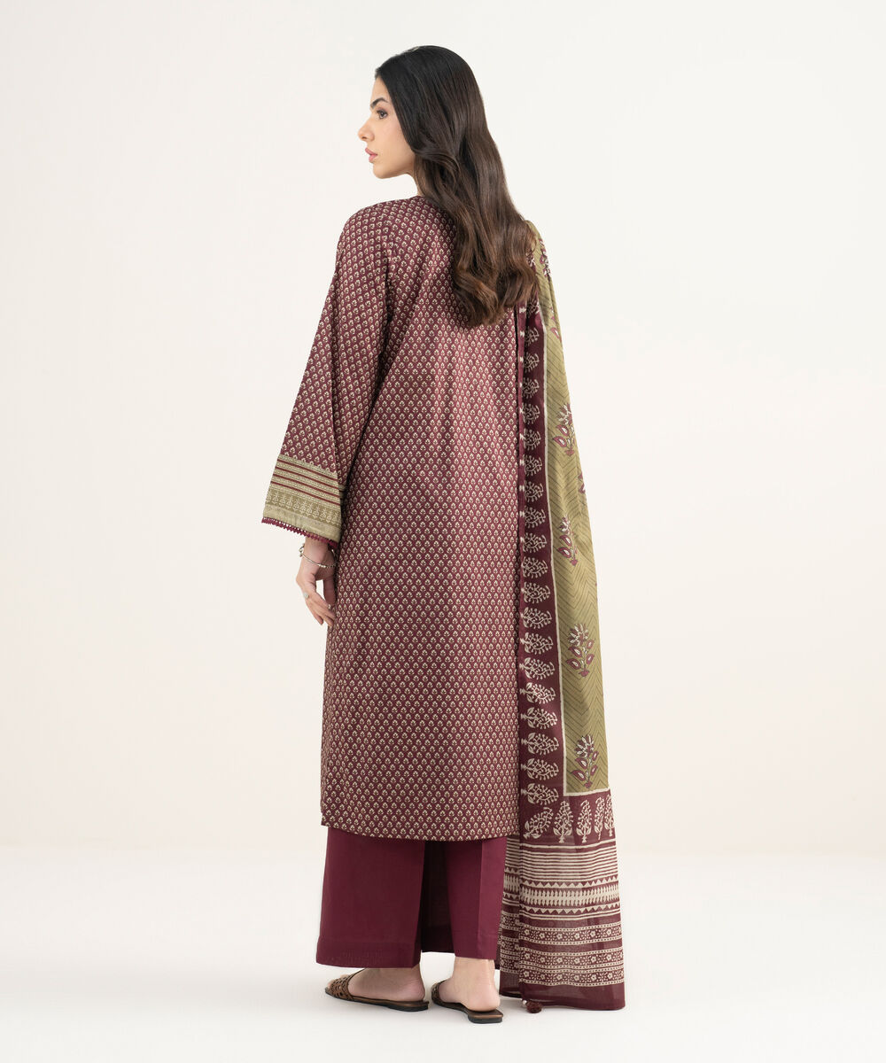 Women's RTW Lawn Printed Maroon 3 Piece Suit