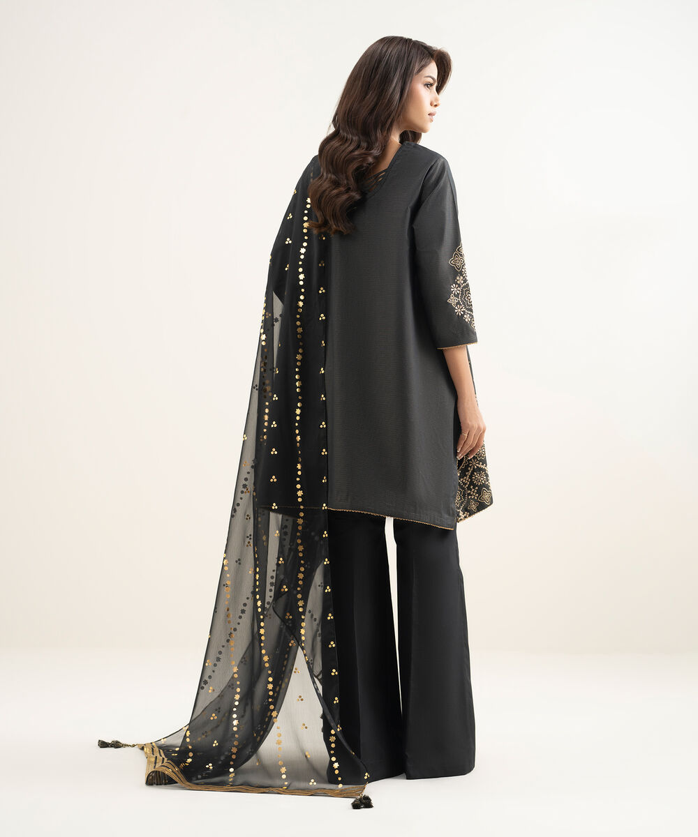 Women's Unstitched Zari Lawn Embroidered Black 3 Piece Suit