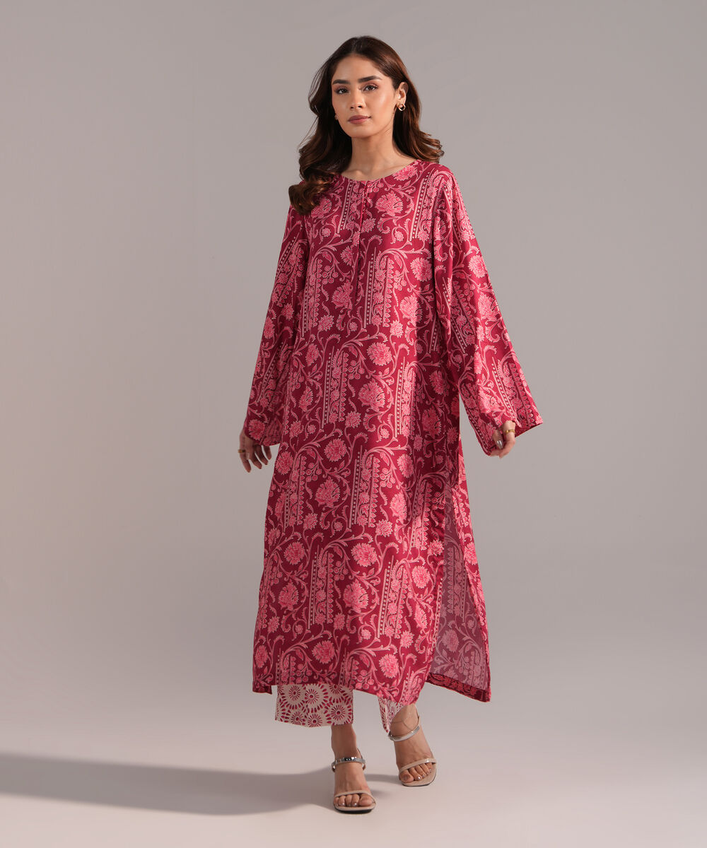 Women's RTW Arabic Lawn Printed Dark Pink A-Line Shirt