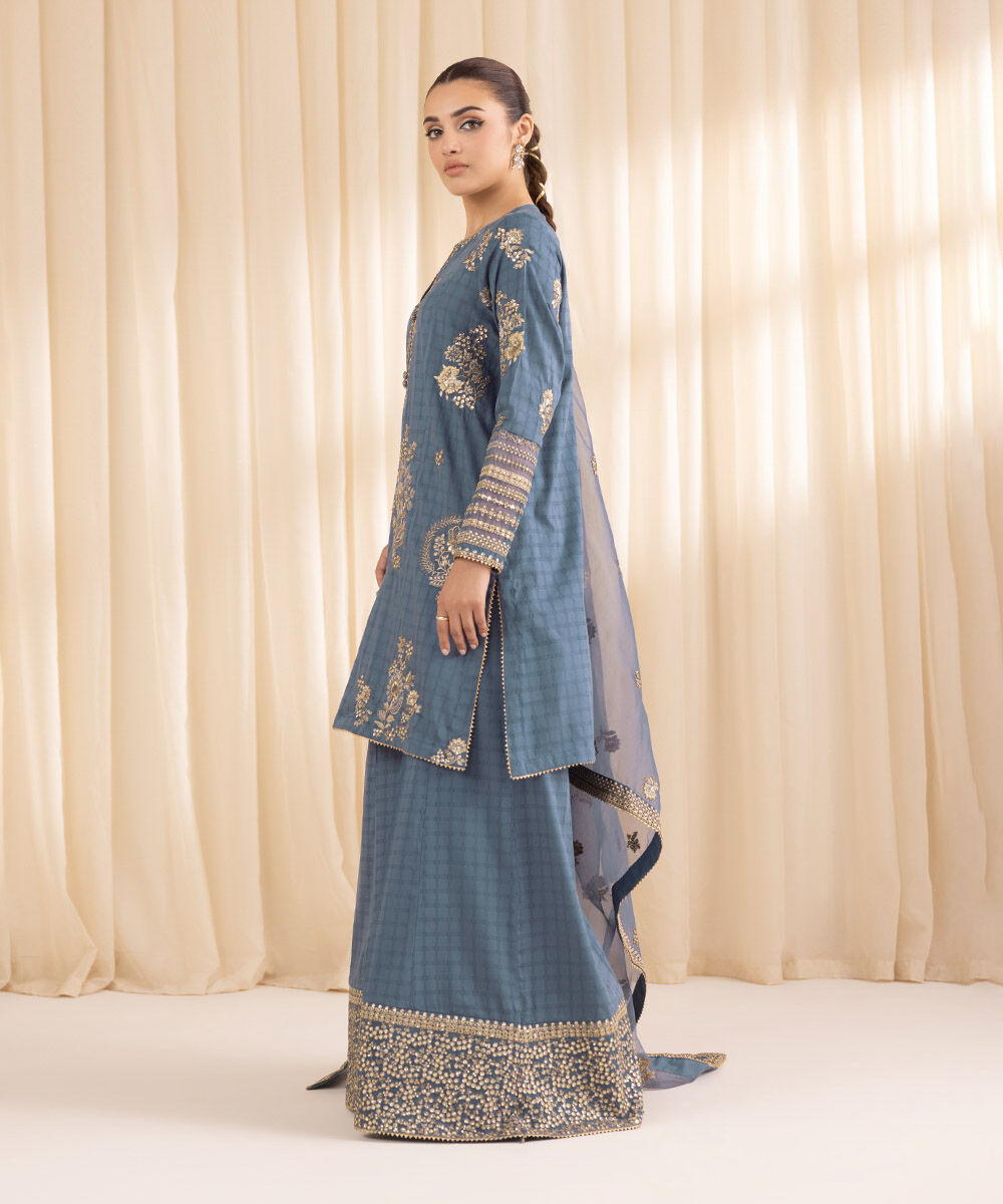 Women's RTW Dobby Blue Embroidered Three Piece Suit