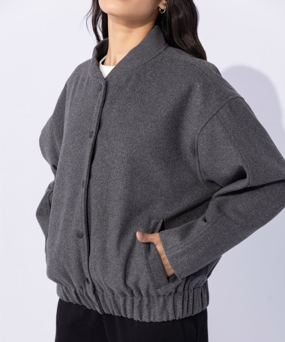 Woman - Grey Woolen Effect Varsity Jacket