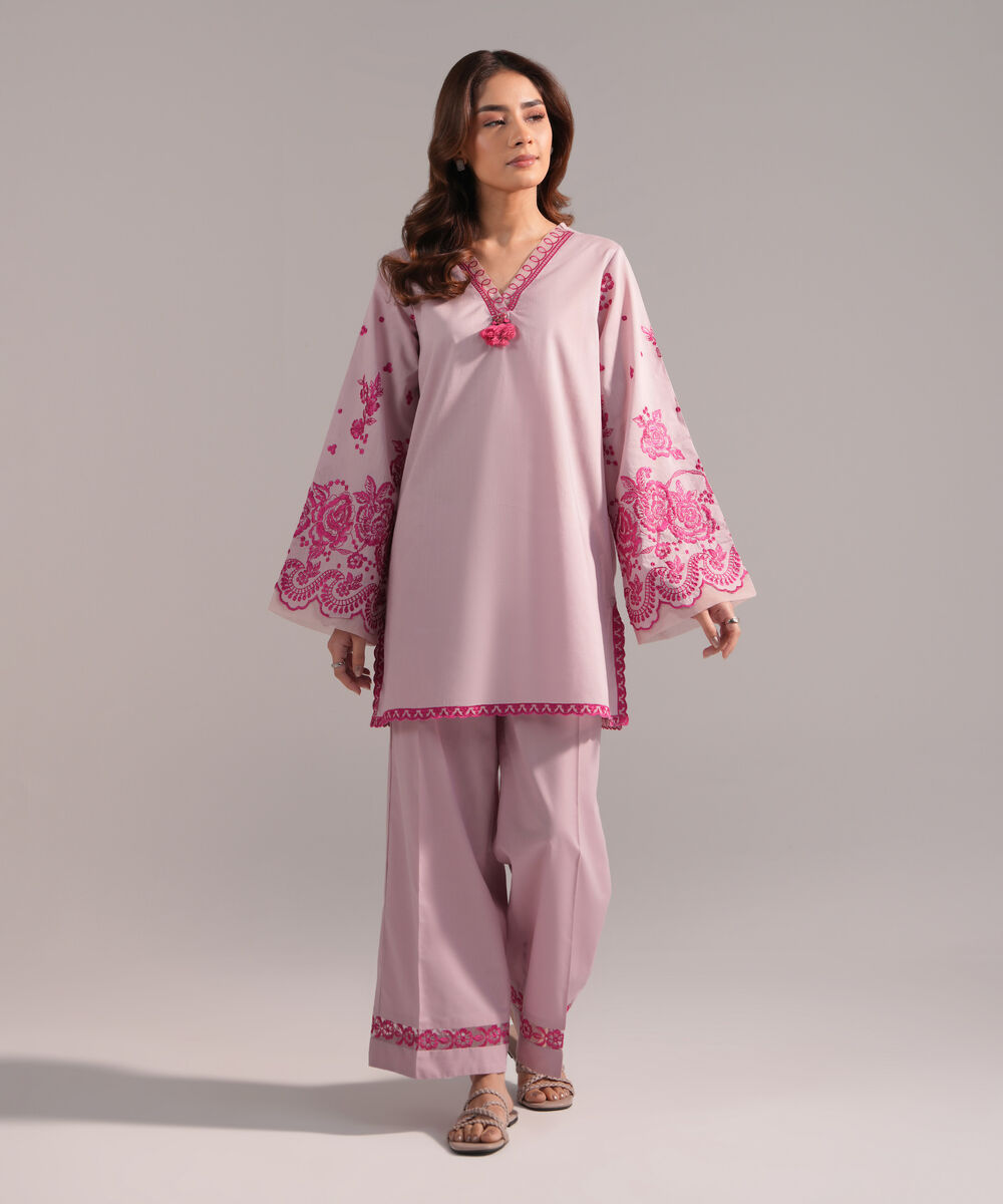 Women's RTW Crosshatch Embroidered Light Purple Straight Shirt