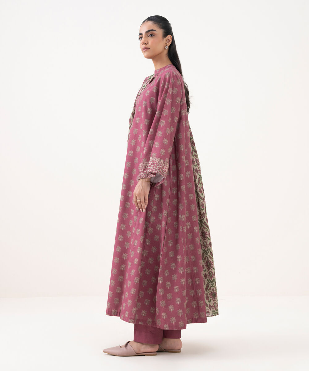 Women's Unstitched Khaddar Printed Pink 3 Piece Suit