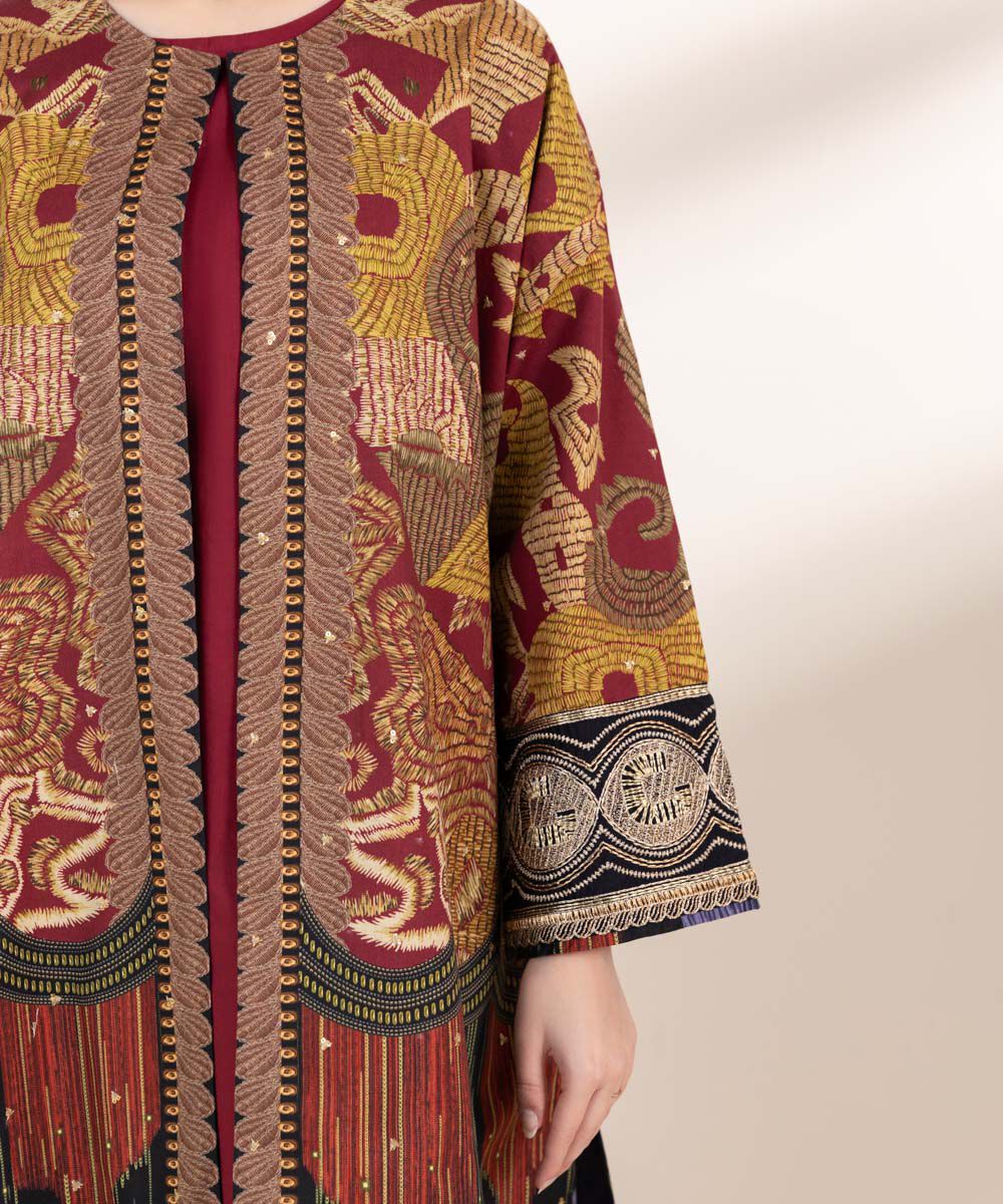 Women's Pret Cambric Maroon Embroidered Boxy Shirt