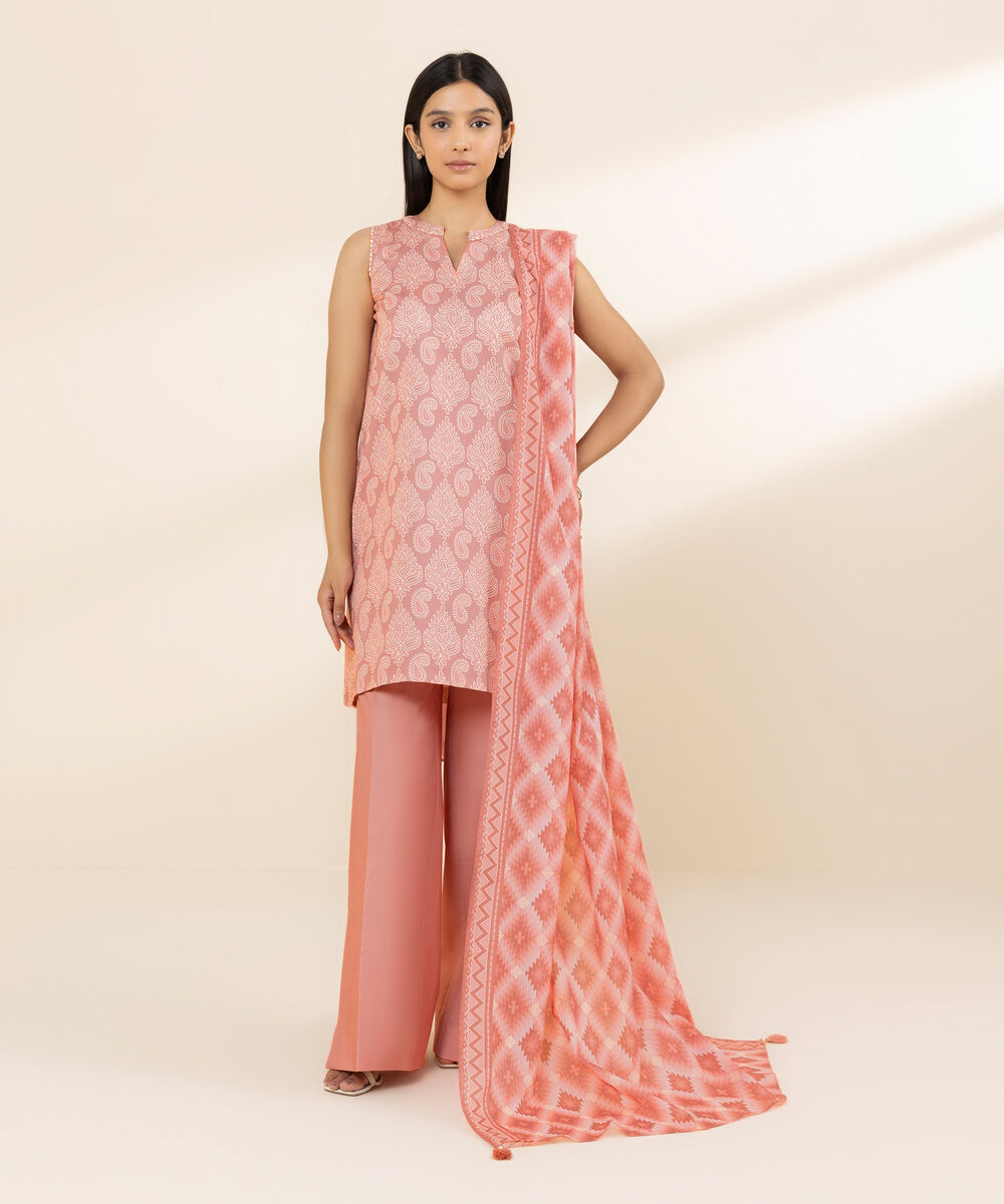 Women's Unstitched Lawn Printed Pink 3 Piece Suit