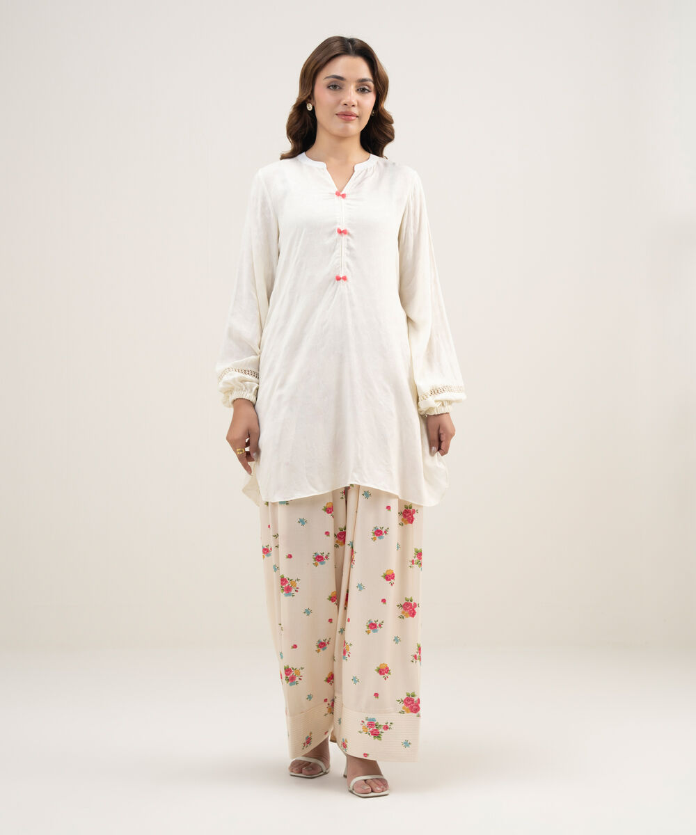 Women's RTW Arabic Self Jacquard Solid Cream White Straight Shirt