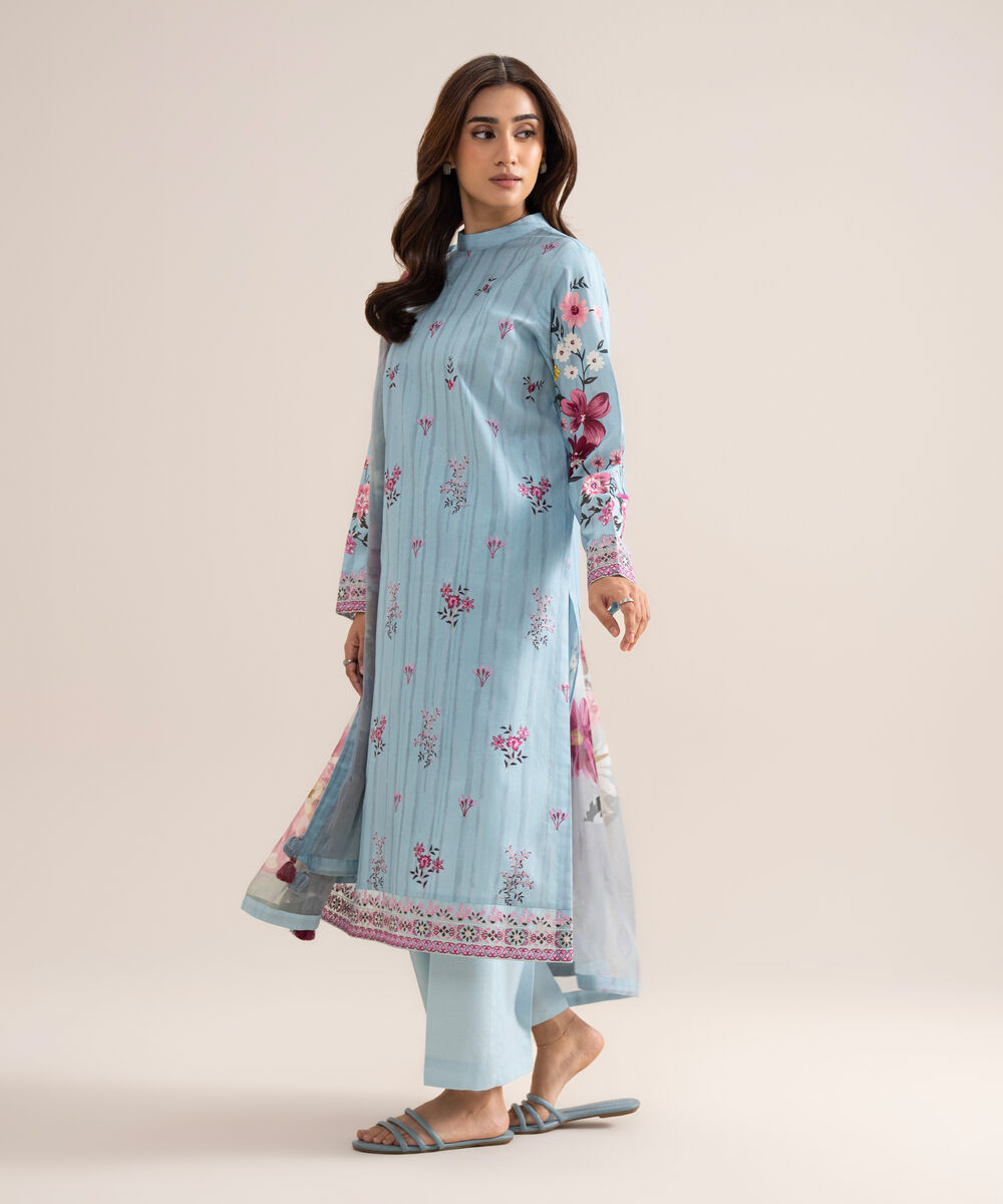 Women's Unstitched Lawn Embroidered Blue  3 Piece Suit
