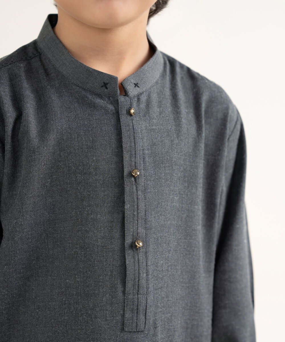 Men's Textured Wash & Wear Plain Charcoal Kurta Trouser