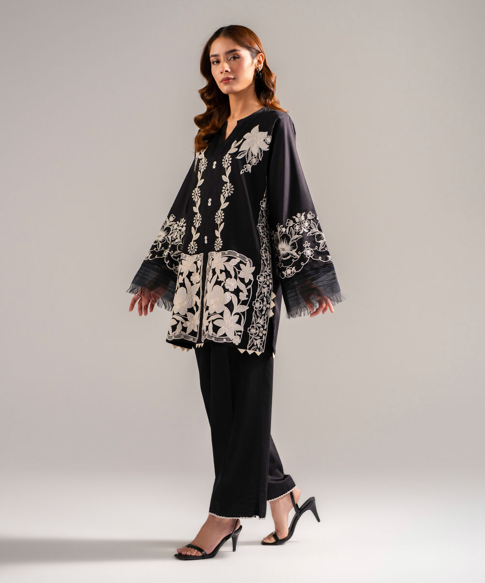 Women's RTW Cotton Satin Embroidered Black 2 Piece Suit